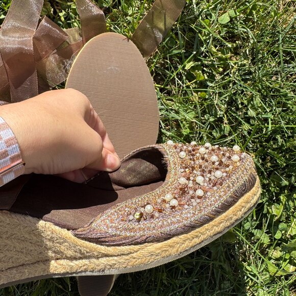 Steve Madden Women's 8.5 Bommbay Brown Beaded Ribbon Tie Espadrilles Y2K - Picture 5 of 5